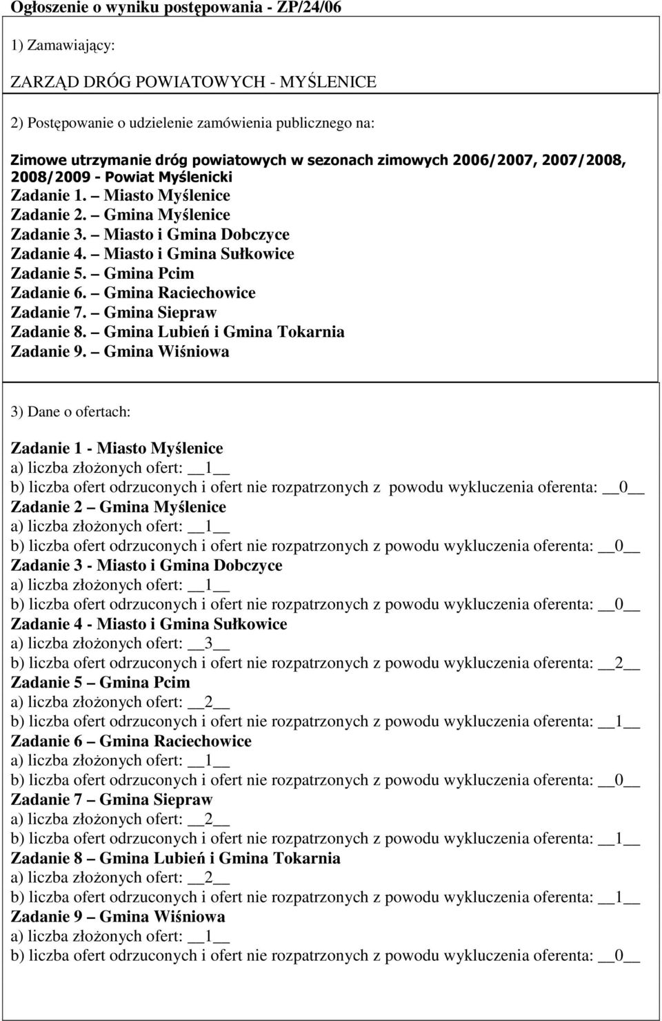 Miasto i Gmina Sułkowice Zadanie 5. Gmina Pcim Zadanie 6. Gmina Raciechowice Zadanie 7. Gmina Siepraw Zadanie 8. Gmina Lubień i Gmina Tokarnia Zadanie 9.