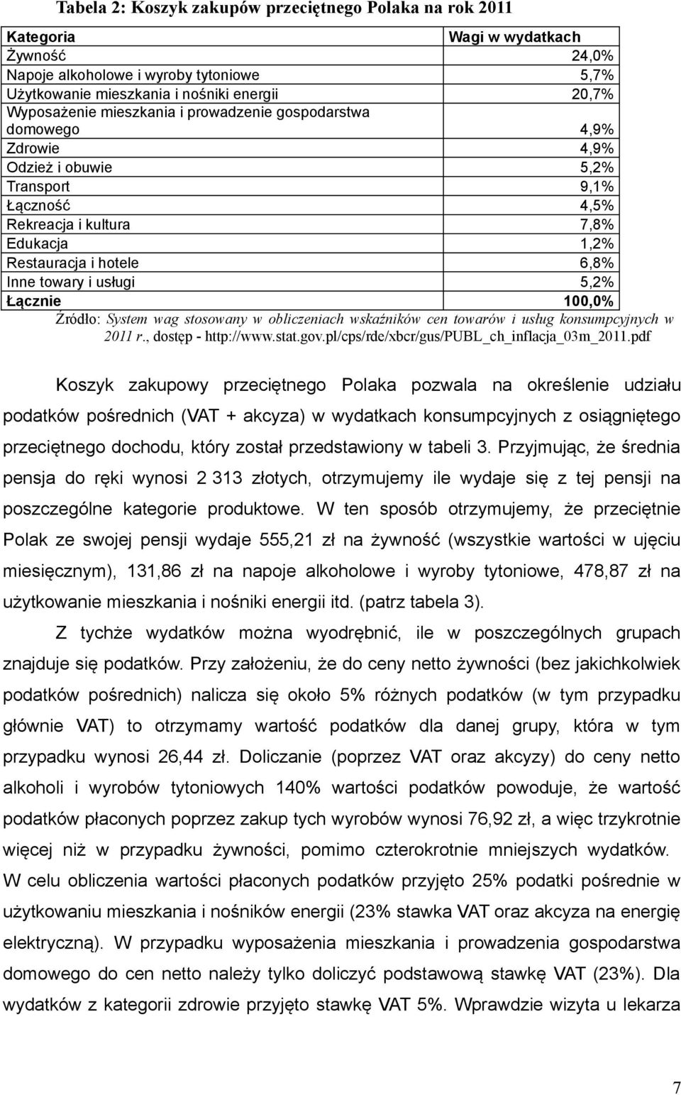 usługi 5,2% Łącznie 100,0% Źródło: System wag stosowany w obliczeniach wskaźników cen towarów i usług konsumpcyjnych w 2011 r., dostęp - http://www.stat.gov.