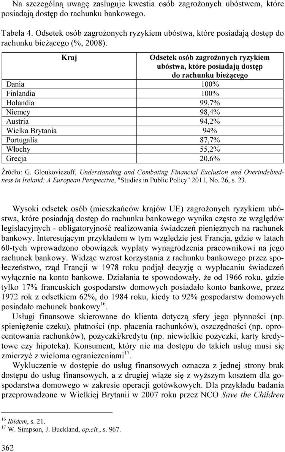 Kraj Odsetek osób zagroŝonych ryzykiem ubóstwa, które posiadają dostęp do rachunku bieŝącego Dania 100% Finlandia 100% Holandia 99,7% Niemcy 98,4% Austria 94,2% Wielka Brytania 94% Portugalia 87,7%