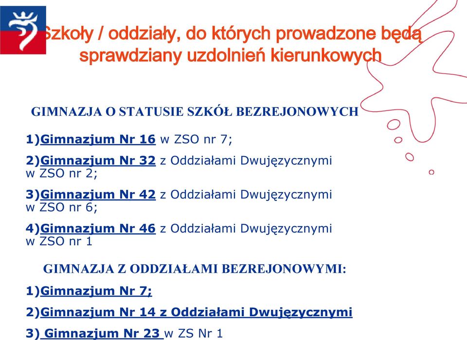 Nr 42 z Oddziałami Dwujęzycznymi w ZSO nr 6; 4)Gimnazjum Nr 46 z Oddziałami Dwujęzycznymi w ZSO nr 1 GIMNAZJA Z