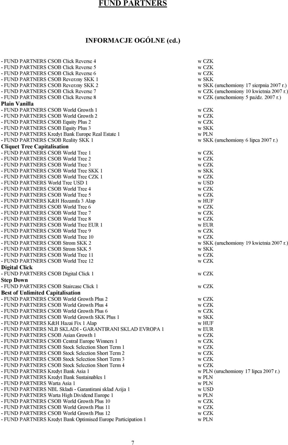 Reverzny SKK 2 w SKK (uruchomiony 17 sierpnia 2007 r.) - FUND PARTNERS CSOB Click Reverse 7 w CZK (uruchomiony 10 kwietnia 2007 r.) - FUND PARTNERS CSOB Click Reverse 8 w CZK (uruchomiony 5 paźdz.