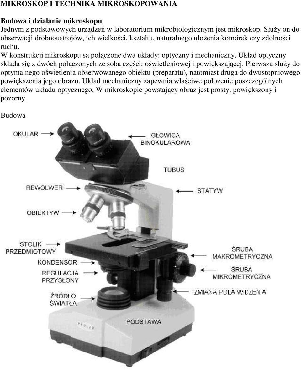 W konstrukcji mikroskopu sa połączone dwa układy: optyczny i mechaniczny. Układ optyczny składa się z dwóch połączonych ze soba części: oświetleniowej i powiększającej.