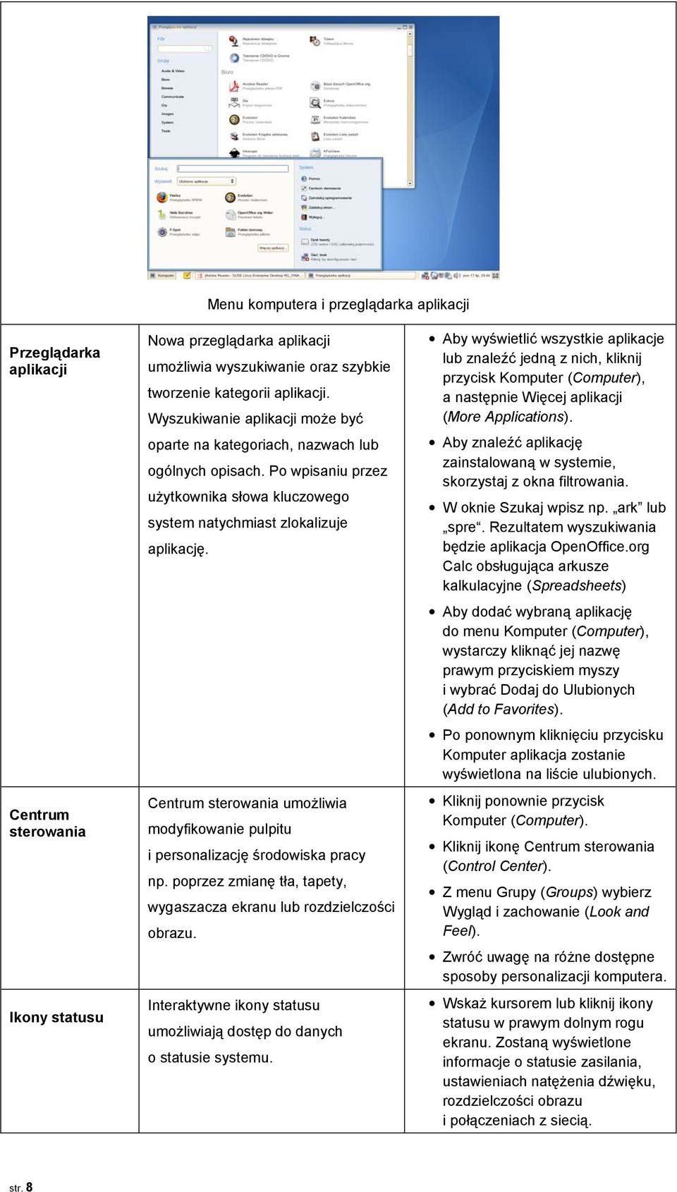 Centrum sterowania umożliwia modyfikowanie pulpitu i personalizację środowiska pracy np. poprzez zmianę tła, tapety, wygaszacza ekranu lub rozdzielczości obrazu.