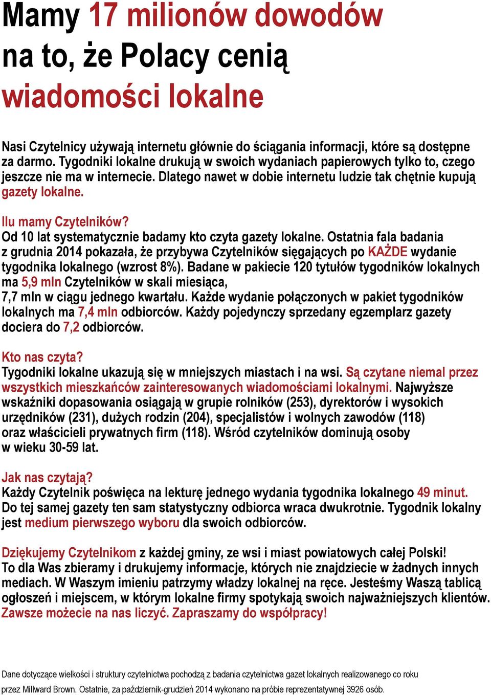 Od 10 lat systematycznie badamy kto czyta gazety lokalne. Ostatnia fala badania z grudnia 2014 pokazała, że przybywa Czytelników sięgających po KAŻDE wydanie tygodnika lokalnego (wzrost 8%).