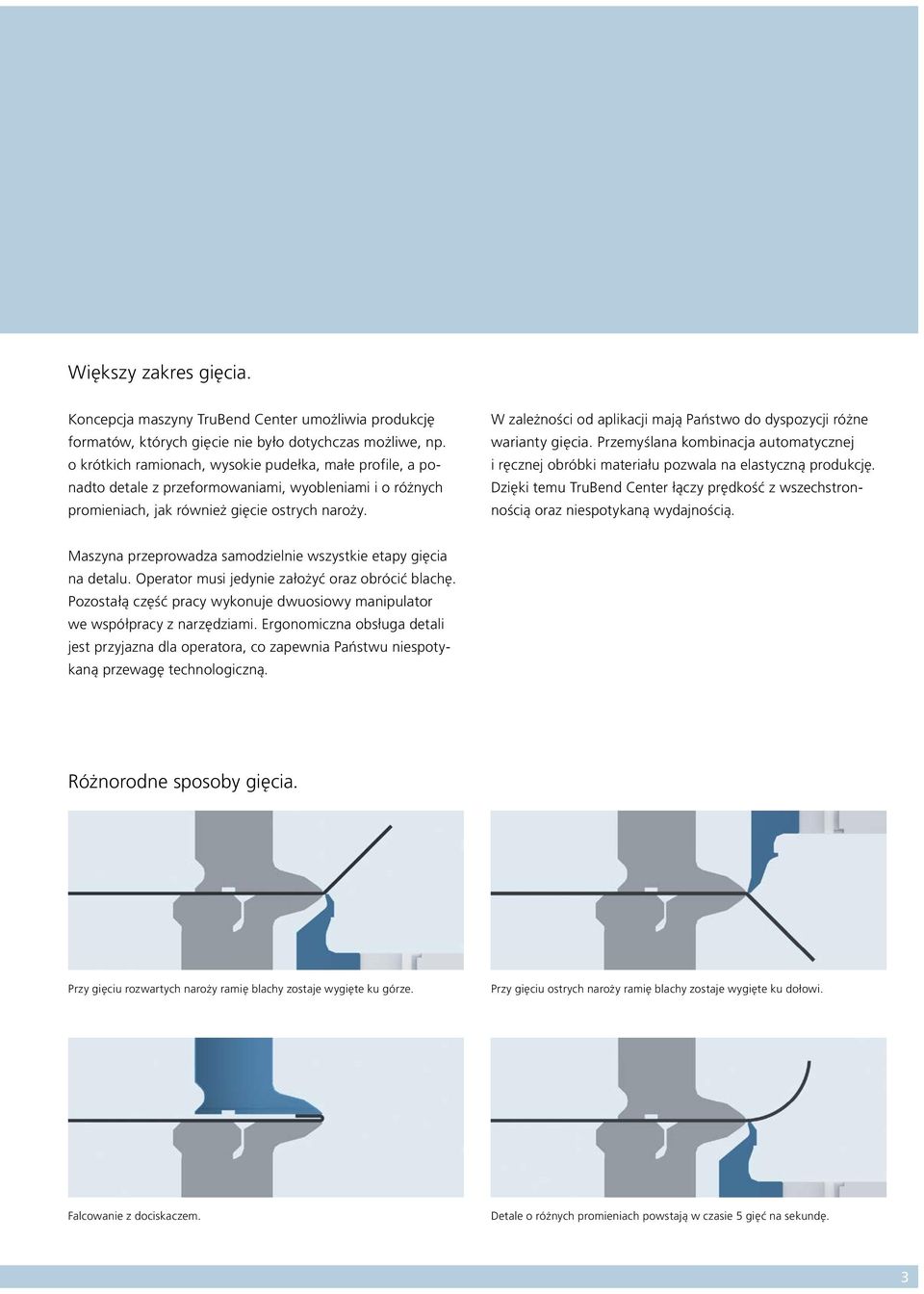 W zależności od aplikacji mają Państwo do dyspozycji różne warianty gięcia. Przemyślana kombinacja automatycznej i ręcznej obróbki materiału poz wala na elastyczną produkcję.