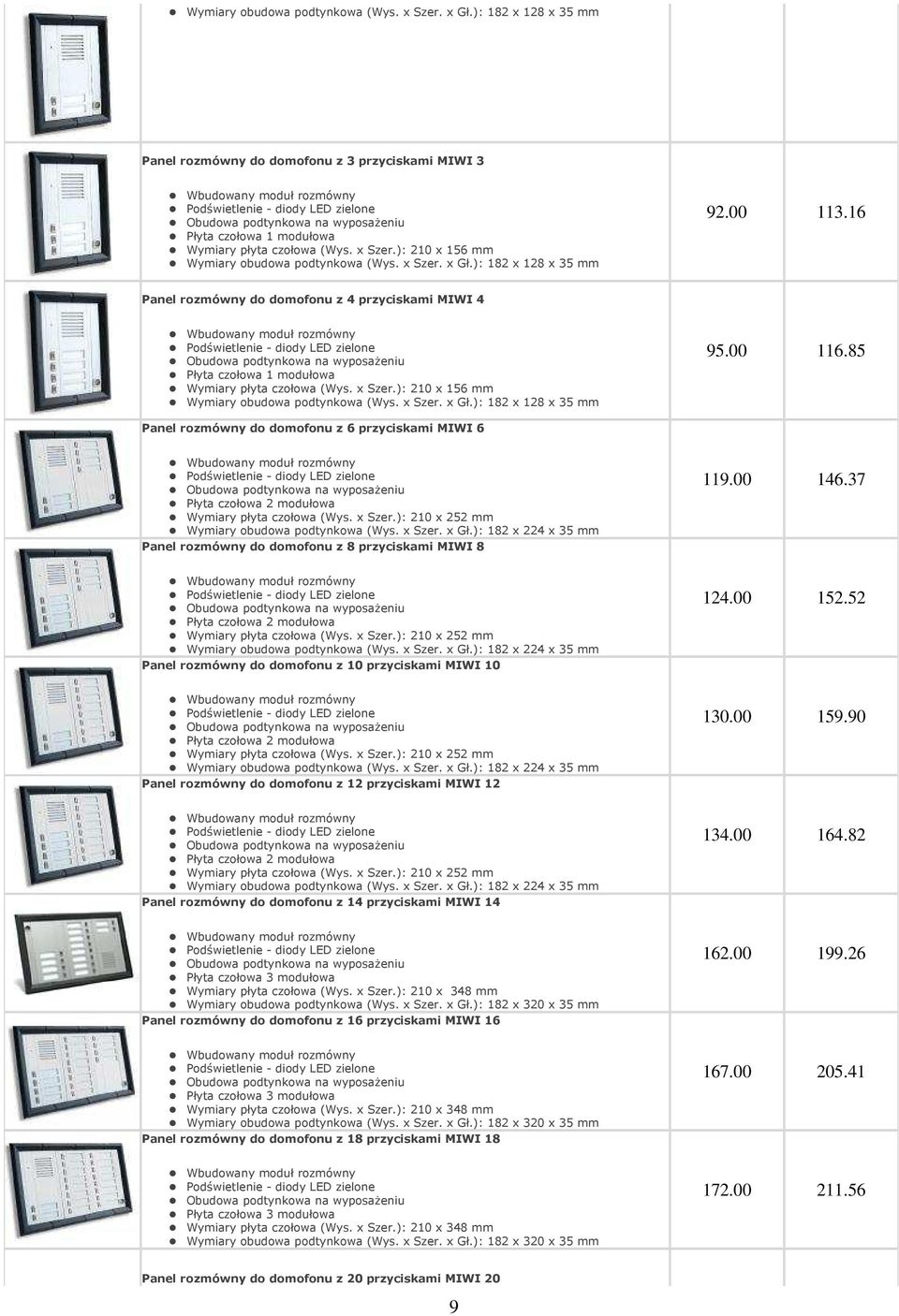 ): 210 x 156 mm ): 182 x 128 x 35 mm 92.00 113.16 Panel rozmówny do domofonu z 4 przyciskami MIWI 4 Obudowa podtynkowa na wyposażeniu Płyta czołowa 1 modułowa Wymiary płyta czołowa (Wys. x Szer.