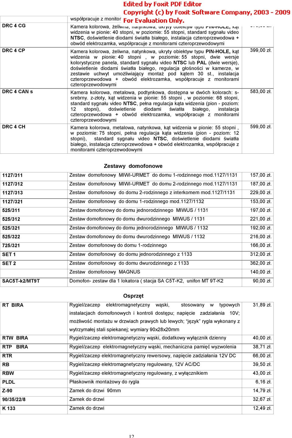 typu PIN-HOLE, kąt widzenia w pionie: 40 stopni, w poziomie: 55 stopni, dwie wersje kolorystyczne panela, standard sygnału video NTSC lub PAL (dwie wersje), doświetlenie diodami światła białego,