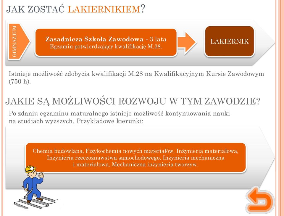 JAKIE SĄ MOŻLIWOŚCI ROZWOJU W TYM ZAWODZIE? Po zdaniu egzaminu maturalnego istnieje możliwość kontynuowania nauki na studiach wyższych.