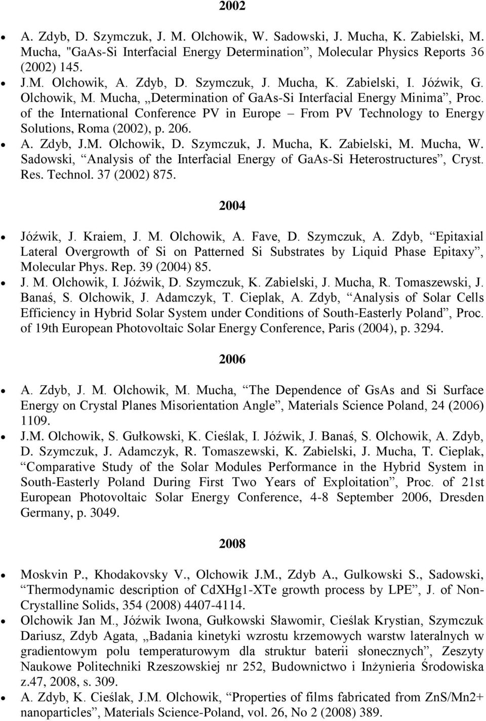 Zdyb, J.M. Olchowik, D. Szymczuk, J. Mucha, K. Zabielski, M. Mucha, W. Sadowski, Analysis of the Interfacial Energy of GaAs-Si Heterostructures, Cryst. Res. Technol. 37 (2002) 875. 2004 Jóźwik, J.