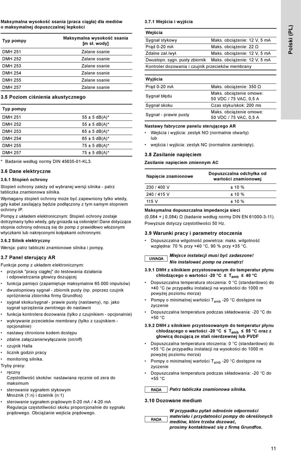 wody] Zalane ssanie Zalane ssanie Zalane ssanie Zalane ssanie Zalane ssanie Zalane ssanie 55 ± 5 db(a)* 55 ± 5 db(a)* 65 ± 5 db(a)* 65 ± 5 db(a)* 75 ± 5 db(a)* 75 ± 5 db(a)* 3.7.1 Wejścia i wyjścia Wejścia Sygnał stykowy Maks.