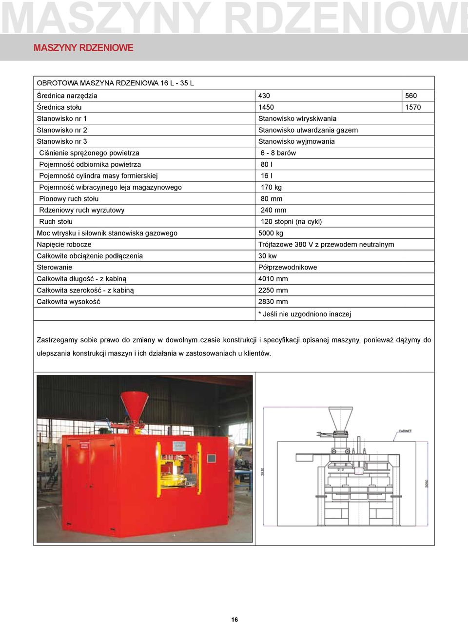 leja magazynowego 170 kg Pionowy ruch stołu 80 mm Rdzeniowy ruch wyrzutowy 240 mm Ruch stołu 120 stopni (na cykl) Moc wtrysku i siłownik stanowiska gazowego 5000 kg Napięcie robocze Trójfazowe 380 V