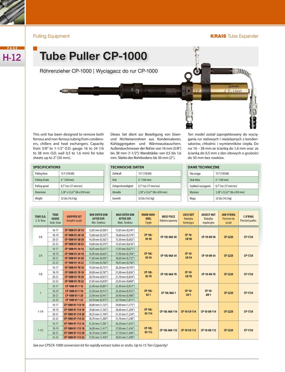 SPECIFICATIONS Dieses Set dient zur Beseitigung von Eisenund Nichteisenrohren aus Kondensatoren, Kühlaggregaten und Wärmeaustauschern.