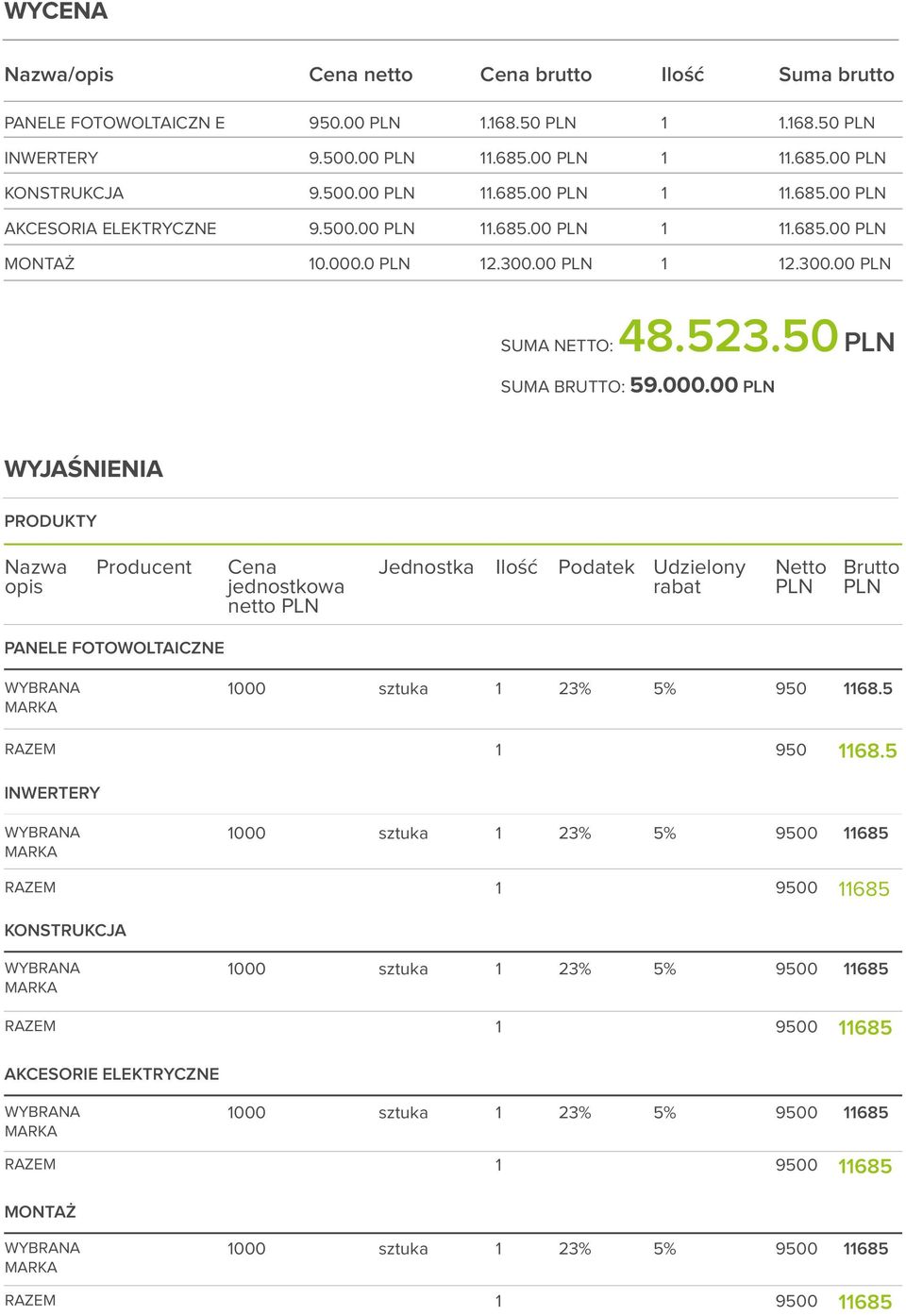 0 PLN 2.300.00 PLN 2.300.00 PLN SUMA NETTO: 48.523.50 PLN SUMA BRUTTO: 59.000.