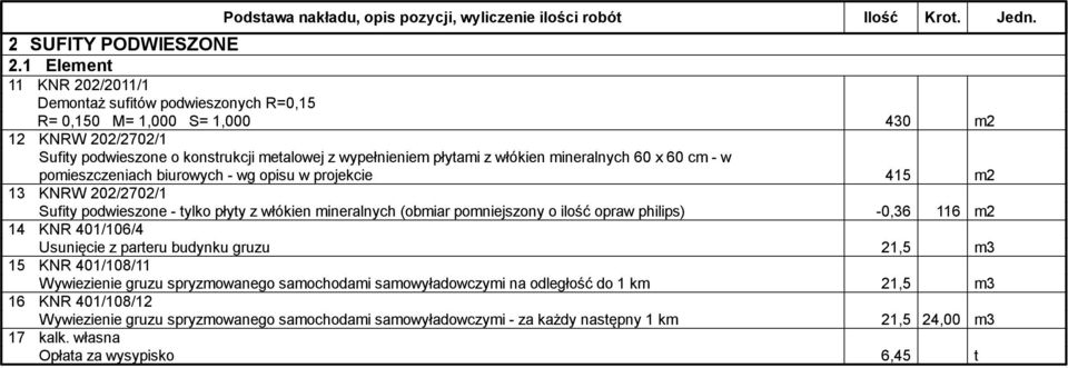 włókien mineralnych 60 x 60 cm - w pomieszczeniach biurowych - wg opisu w projekcie 415 m2 13 KNRW 202/2702/1 Sufity podwieszone - tylko płyty z włókien mineralnych (obmiar pomniejszony o