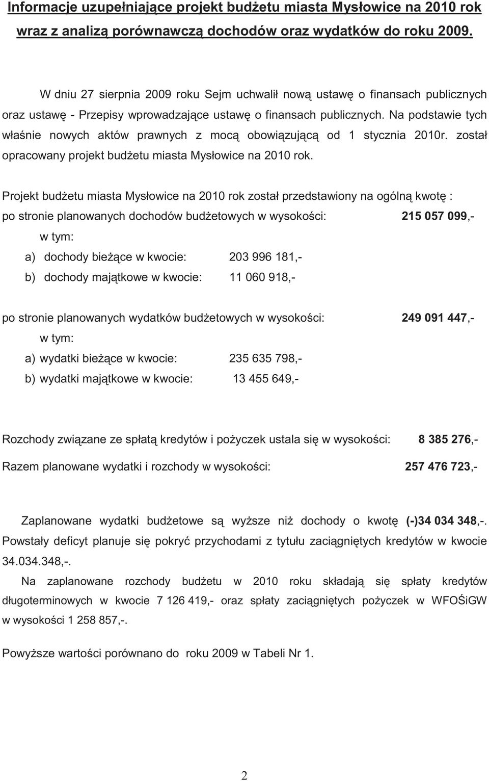 Na podstawie tych wła nie nowych aktów prawnych z moc obowi zuj c od 1 stycznia 2010r. został opracowany projekt bud etu miasta Mysłowice 2010 rok.