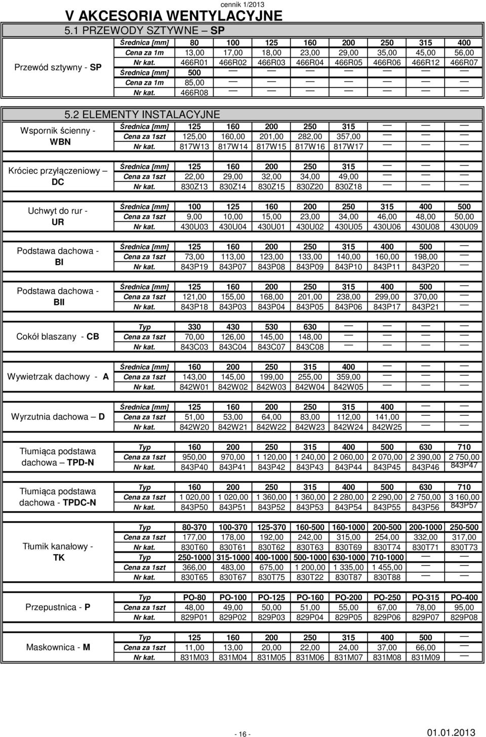 466R01 466R02 466R03 466R04 466R05 466R06 466R12 466R07 [mm] 500 Cena za 1m 85,00 Nr kat. 466R08 5.2 ELEMENTY INSTALACYJNE [mm] 125 200 250 315 Cena za 1szt 125,00,00 201,00 282,00 357,00 Nr kat.