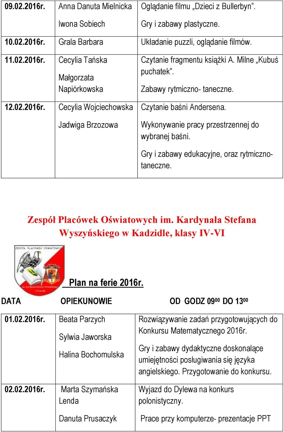 Zespół Placówek Oświatowych im. Kardynała Stefana Wyszyńskiego w Kadzidle, klasy IV-VI Plan na ferie 2016r.