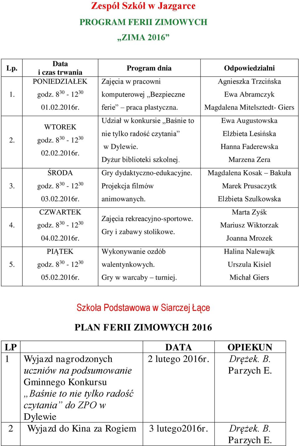 Dyżur biblioteki szkolnej. Ewa Augustowska Elżbieta Lesińska Hanna Faderewska Marzena Zera ŚRODA Gry dydaktyczno-edukacyjne. Magdalena Kosak Bakuła 3. godz.