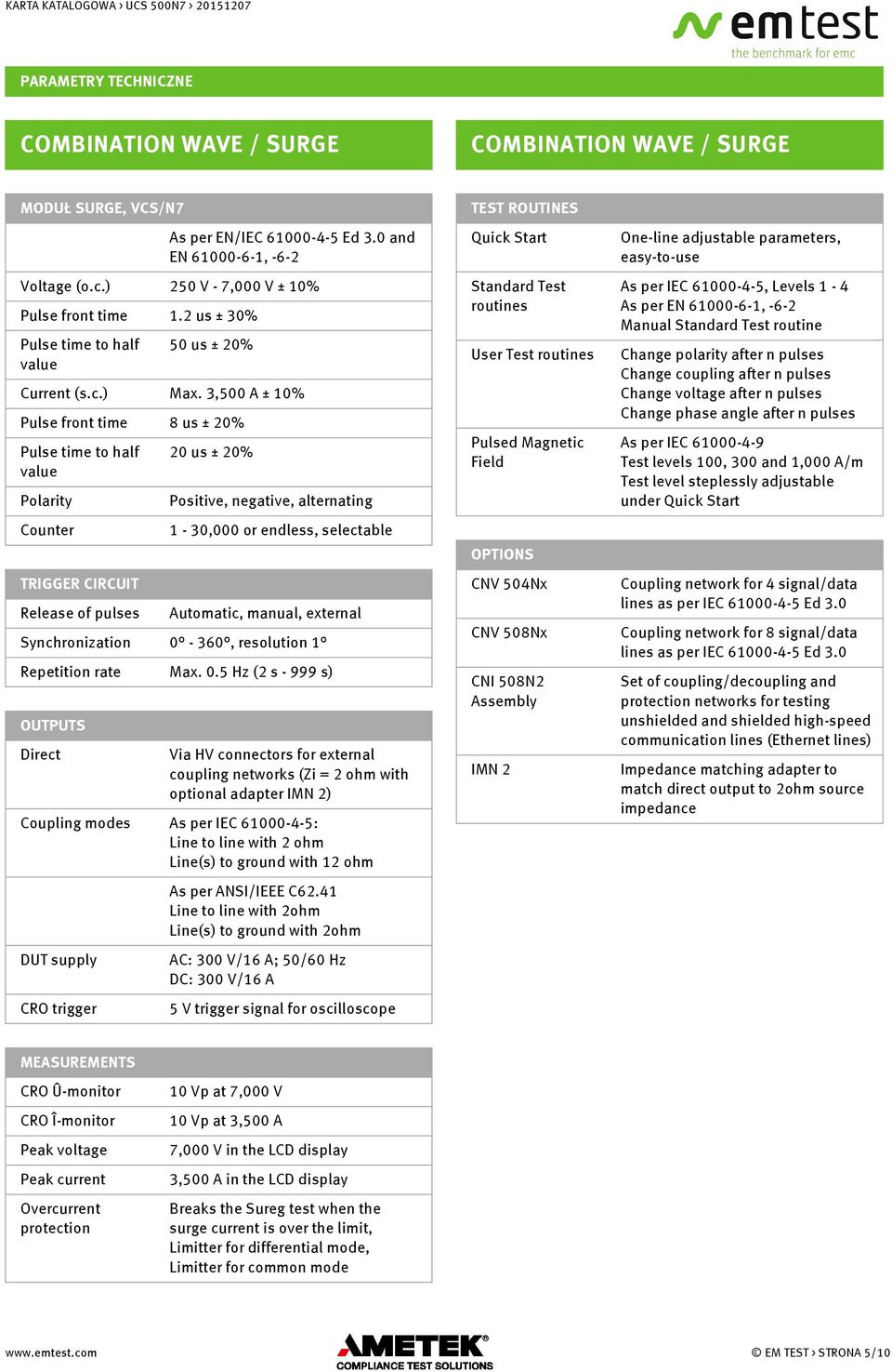 2 us ± 30% Standard Test routines As per IEC 61000-4-5, Levels 1-4 As per EN 61000-6-1, -6-2 Manual Standard Test routine Pulse time to half value 50 us ± 20% User Test routines Current (s.c.) Max.