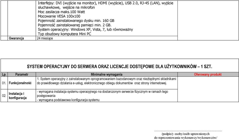 System operacyjny: Windows XP, Vista, 7, lub równoważny Typ obudowy komputera Mini PC 24 miesiące SYSTEM OPERACYJNY DO SERWERA ORAZ LICENCJE DOSTĘPOWE DLA UŻYTKOWNIKÓW 1 