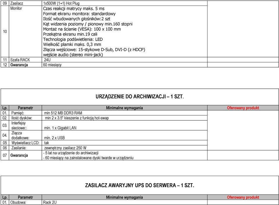 19 cali Technologia podświetlenia: LED Wielkość plamki maks. 0,3 mm Złącza wejściowe: 15-stykowe D-Sub, DVI-D (z HDCP) wejście audio (stereo mini-jack) URZĄDZENIE DO ARCHIWIZACJI 1 SZT. 01.