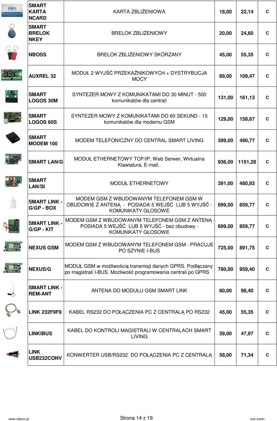 MODEM 100 MODEM TELEFONICZNY DO CENTRL LIVING 399,00 490,77 C LN/G MODUŁ ETHERNETOWY TCP/IP, Web Serwer, Wirtualna Klawiatura, E-mail.