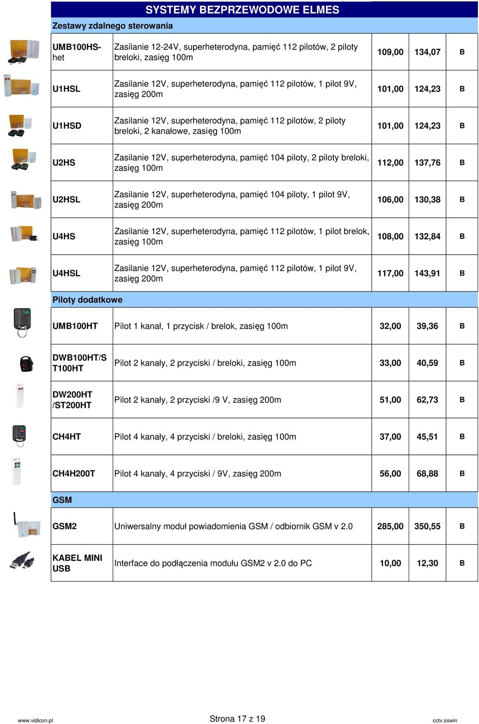 Zasilanie 12V, superheterodyna, pamięć 104 piloty, 2 piloty breloki, zasięg 100m 112,00 137,76 B U2HSL Zasilanie 12V, superheterodyna, pamięć 104 piloty, 1 pilot 9V, zasięg 200m 106,00 130,38 B U4HS