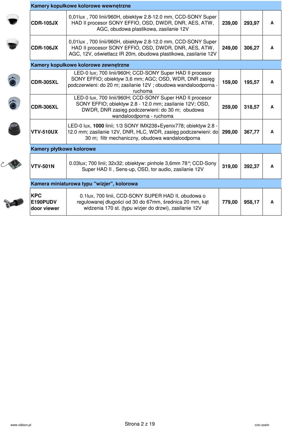 0 mm, CCD-SONY Super HD II procesor SONY EFFIO, OSD, DWDR, DNR, ES, TW, GC, 12V, oświetlacz IR 20m, obudowa plastikowa, zasilanie 12V 239,00 293,97 249,00 306,27 Kamery kopułkowe kolorowe zewnętrzne