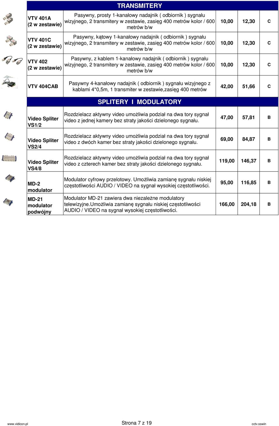 odbiornik ) sygnału wizyjnego, 2 transmitery w zestawie, zasięg 400 metrów kolor / 600 metrów b/w 10,00 12,30 C 10,00 12,30 C 10,00 12,30 C VTV 404CB Video Spliter VS1/2 Video Spliter VS2/4 Video