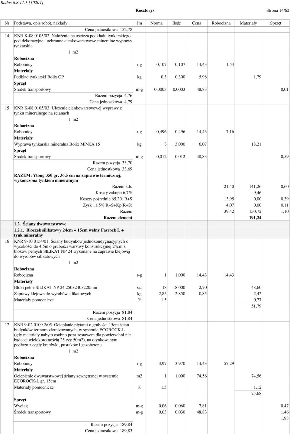 Cena jednostkowa 4,79 15 KNR K-08 0105/03 Ułożenie cienkowarstwowej wyprawy z tynku mineralnego na ścianach Robotnicy r-g 0,496 0,496 14,43 7,16 Wyprawa tynkarska mineralna Bolix MP-KA 15 kg 3 3,000