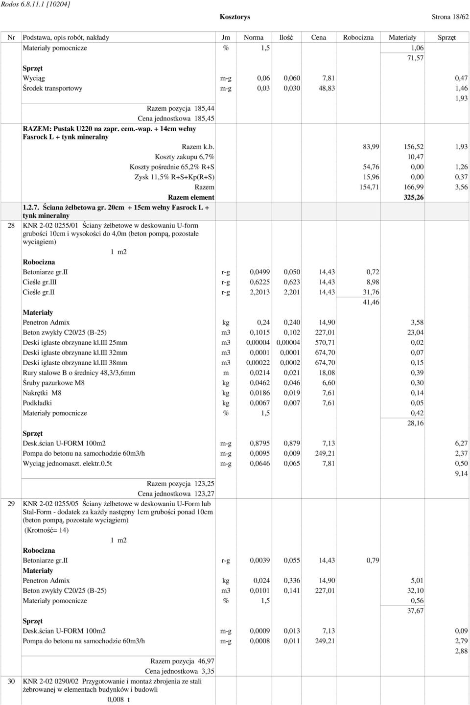 83,99 156,52 1,93 Koszty zakupu 6,7% 10,47 Koszty pośrednie 65,2% R+S 54,76 0,00 1,26 Zysk 11,5% R+S+Kp(R+S) 15,96 0,00 0,37 Razem 154,71 166,99 3,56 Razem element 325,26 1.2.7. Ściana żelbetowa gr.