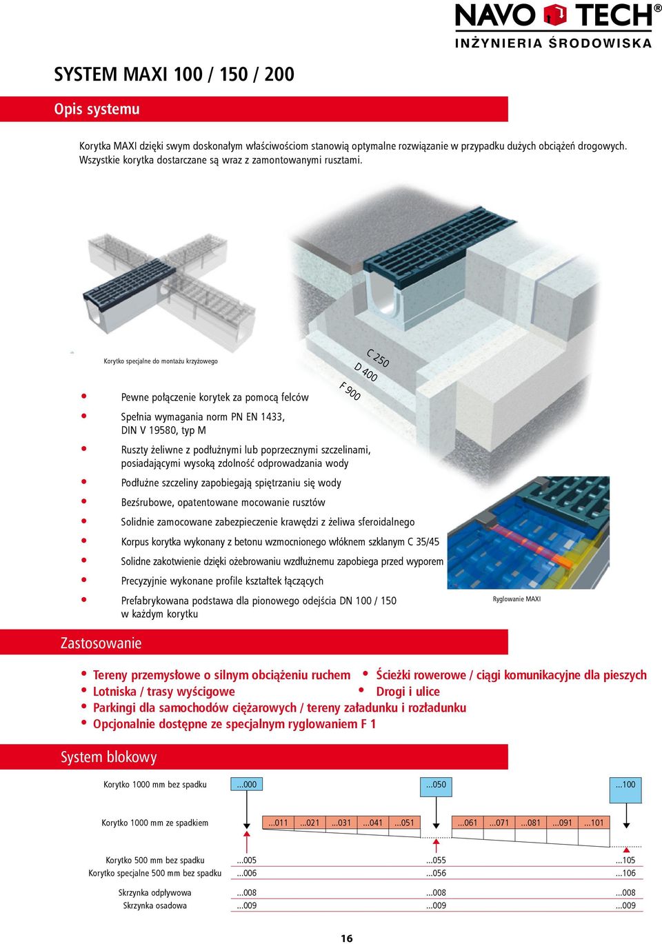 Korytko specjalne do montażu krzyżowego D 400 C 250 F 900 Pewne połączenie korytek za pomocą felców Spełnia wymagania norm PN EN 1433, DIN V 19580, typ M Ruszty żeliwne z podłużnymi lub poprzecznymi