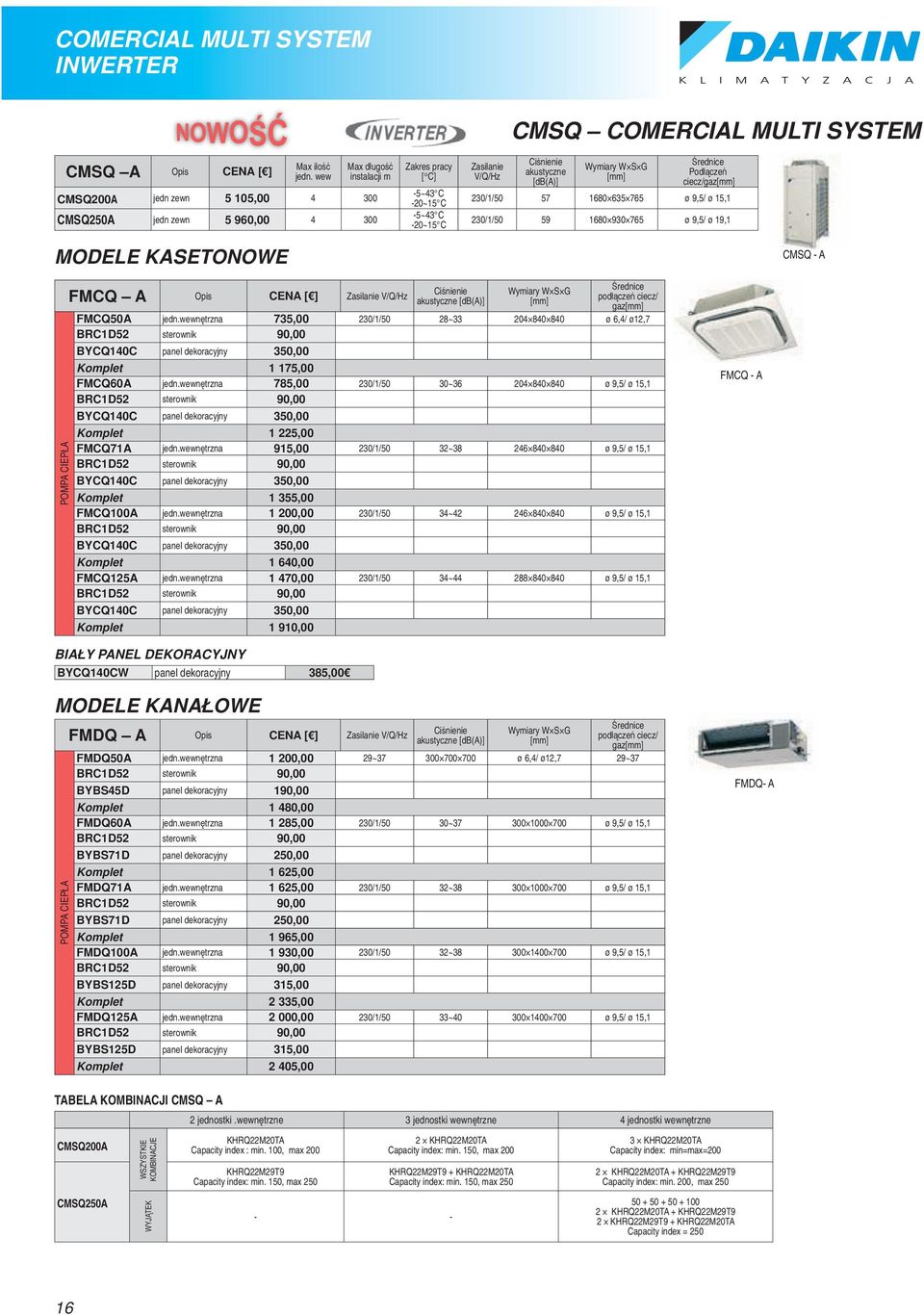 Podłączeń ciecz/gaz 230/1/50 57 1680 635 765 ø 9,5/ ø 15,1 230/1/50 59 1680 930 765 ø 9,5/ ø 19,1 CMSQ - A FMCQ A gaz FMCQ50A jedn.