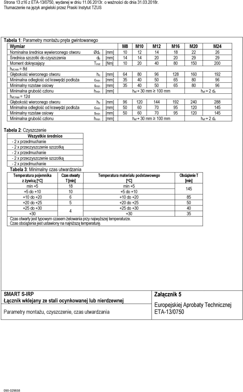 29 Moment dokręcający Tinst [Nm] 10 20 40 80 150 200 hef,min = 8d Głębokość wierconego otworu ho [mm] 64 80 96 128 160 192 Minimalna odległość od krawędzi podłoża cmin [mm] 35 40 50 65 80 96