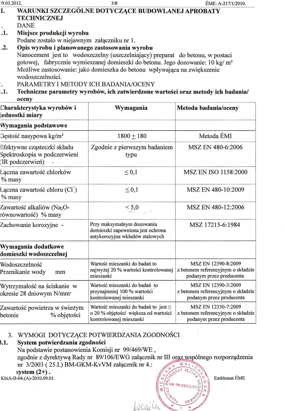 kg! m 3 Mozliwe zastosowanie: jako domieszka do betonu wplywaj~ca na zwiykszenie wodoszczelnosci. PARAMETRY I METODY ICH BADANIAlOCENY :.1.