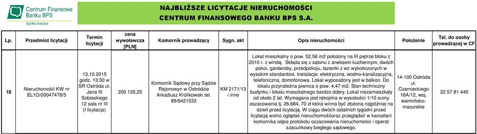 Składa się z salonu z aneksem kuchennym, dwóch pokoi, garderoby, przedpokoju, łazienki z wc wykończonych w wysokim standardzie. Instalacje: elektryczna, wodno-kanalizacyjna, telefoniczna, domofonowa.