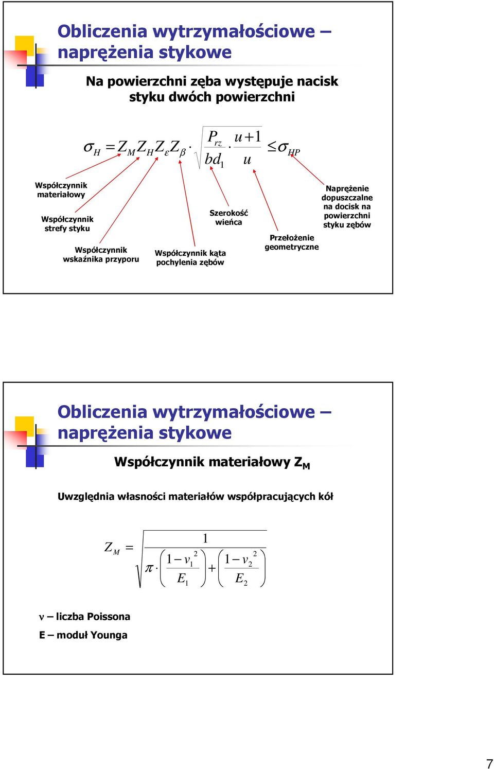 geometryczne NapręŜenie dopuszczalne na docisk na powierzchni styku zębów materiałowy M