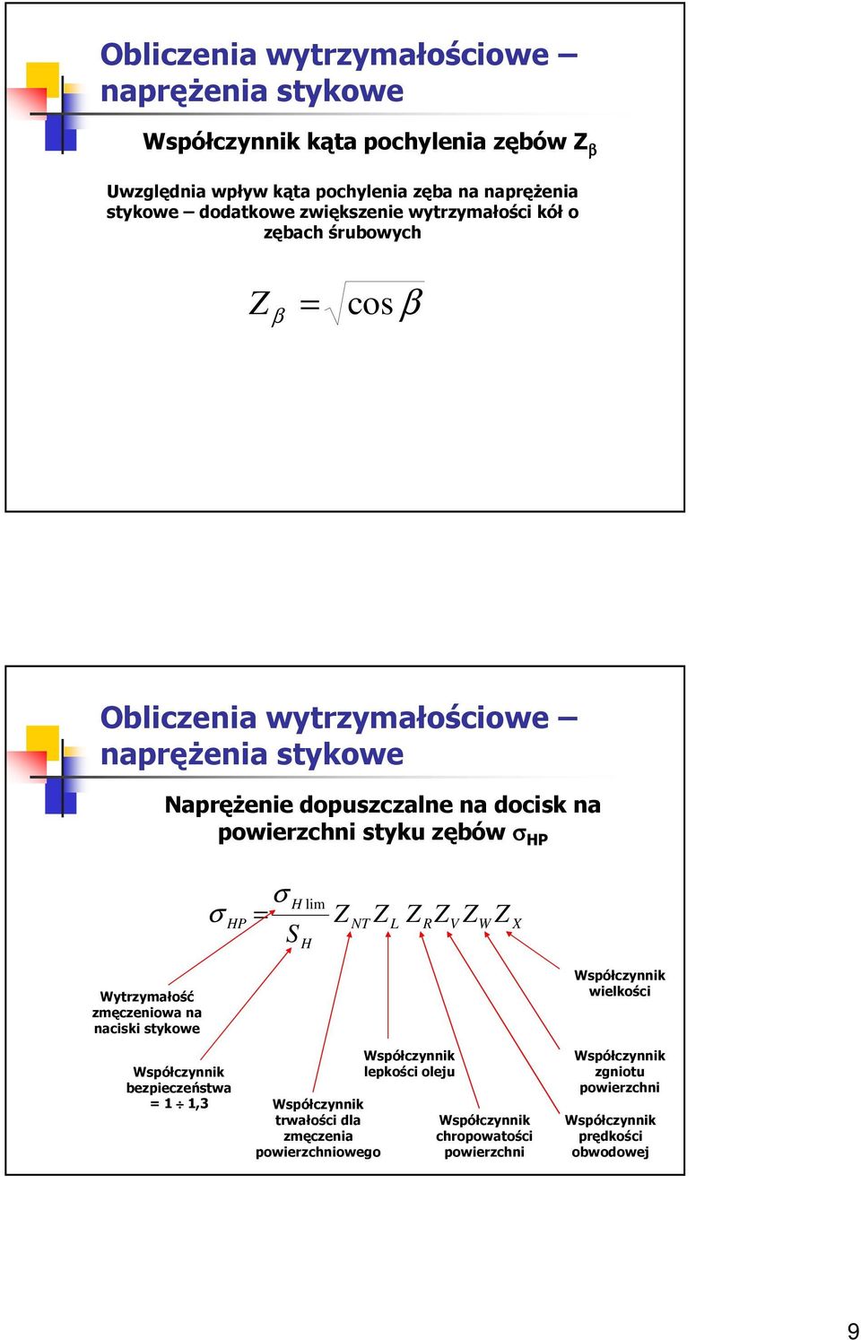 σ HP S H lim H NT L R V W X Wytrzymałość zmęczeniowa na naciski stykowe lepkości oleju bezpieczeństwa 1 1,3