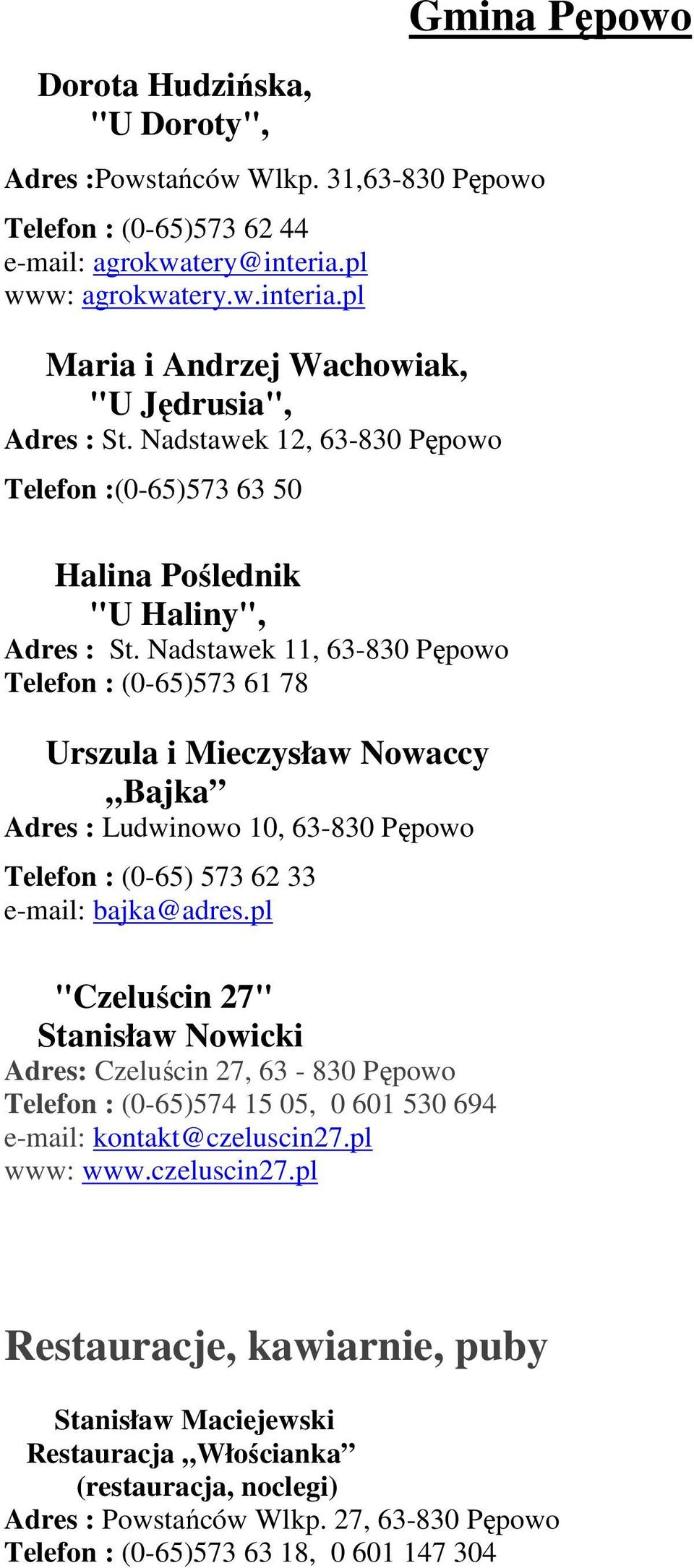 Nadstawek 11, 63-830 Pępowo Telefon : (0-65)573 61 78 Urszula i Mieczysław Nowaccy Bajka Adres : Ludwinowo 10, 63-830 Pępowo Telefon : (0-65) 573 62 33 e-mail: bajka@adres.