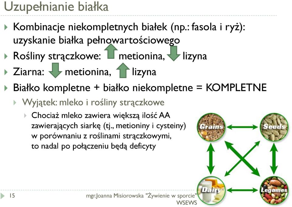 Białko kompletne + białko niekompletne = KOMPLETNE Wyjątek: mleko i rośliny strączkowe Chociaż mleko zawiera większą