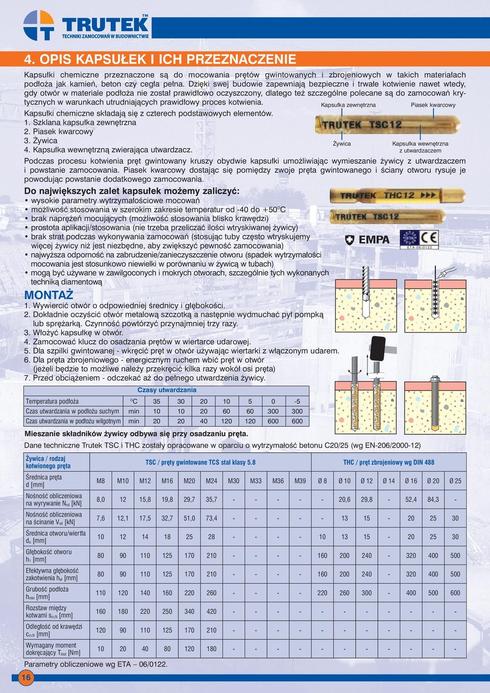 warunkach utrudniajàcych prawid owy proces kotwienia. Kapsu ki chemiczne sk adajà si z czterech podstawowych elementów. 1. Szklana kapsu ka zewn trzna 2. Piasek kwarcowy 3. ywica 4.