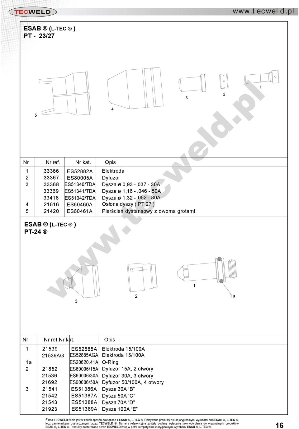 A O-Ring ES000/A Dyfuzor A, otwory ES000/0A Dyfuzor 0A, otwory 9 ES000/0A Dyfuzor 0/00A, otwory ESA Dysza 0A B ESA Dysza 0A C ESA Dysza 0A D 9 ES9A Dysza 00A E Firma