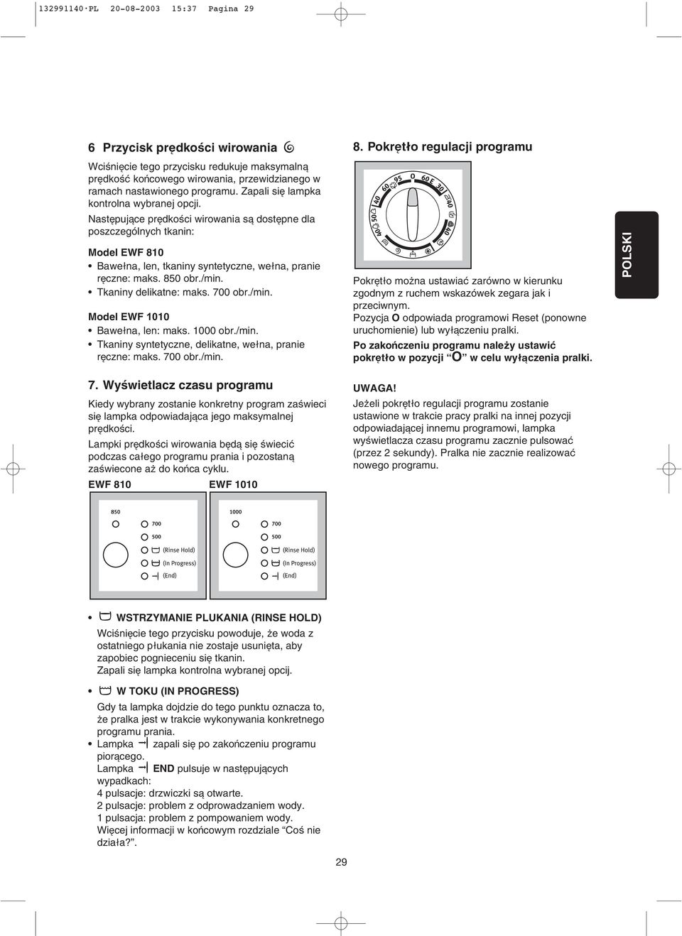 /min. Tkaniny delikatne: maks. 700 obr./min. Model EWF 1010 Bawelna, len: maks. 1000 obr./min. Tkaniny syntetyczne, delikatne, welna, pranie reczne: maks. 700 obr./min. 7. Wyßwietlacz czasu programu Kiedy wybrany zostanie konkretny program zaßwieci sie lampka odpowiadajaca jego maksymalnej predkoßci.