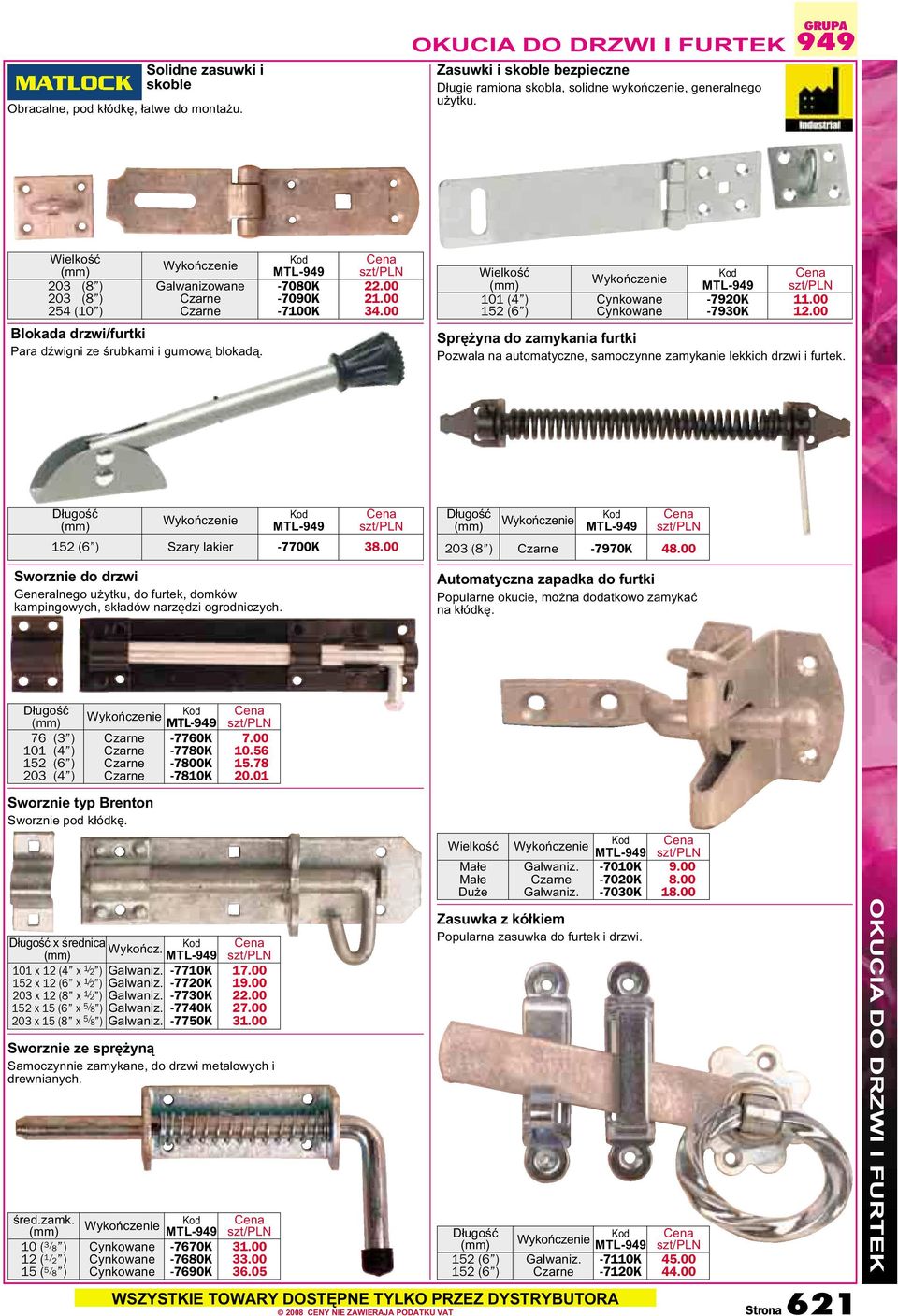 (mm) Wykończenie MTL-949 101 (4 ) Cynkowane -7920K 11.00 152 (6 ) Cynkowane -7930K 12.00 Sprężyna do zamykania furtki Pozwala na automatyczne, samoczynne zamykanie lekkich drzwi i furtek.
