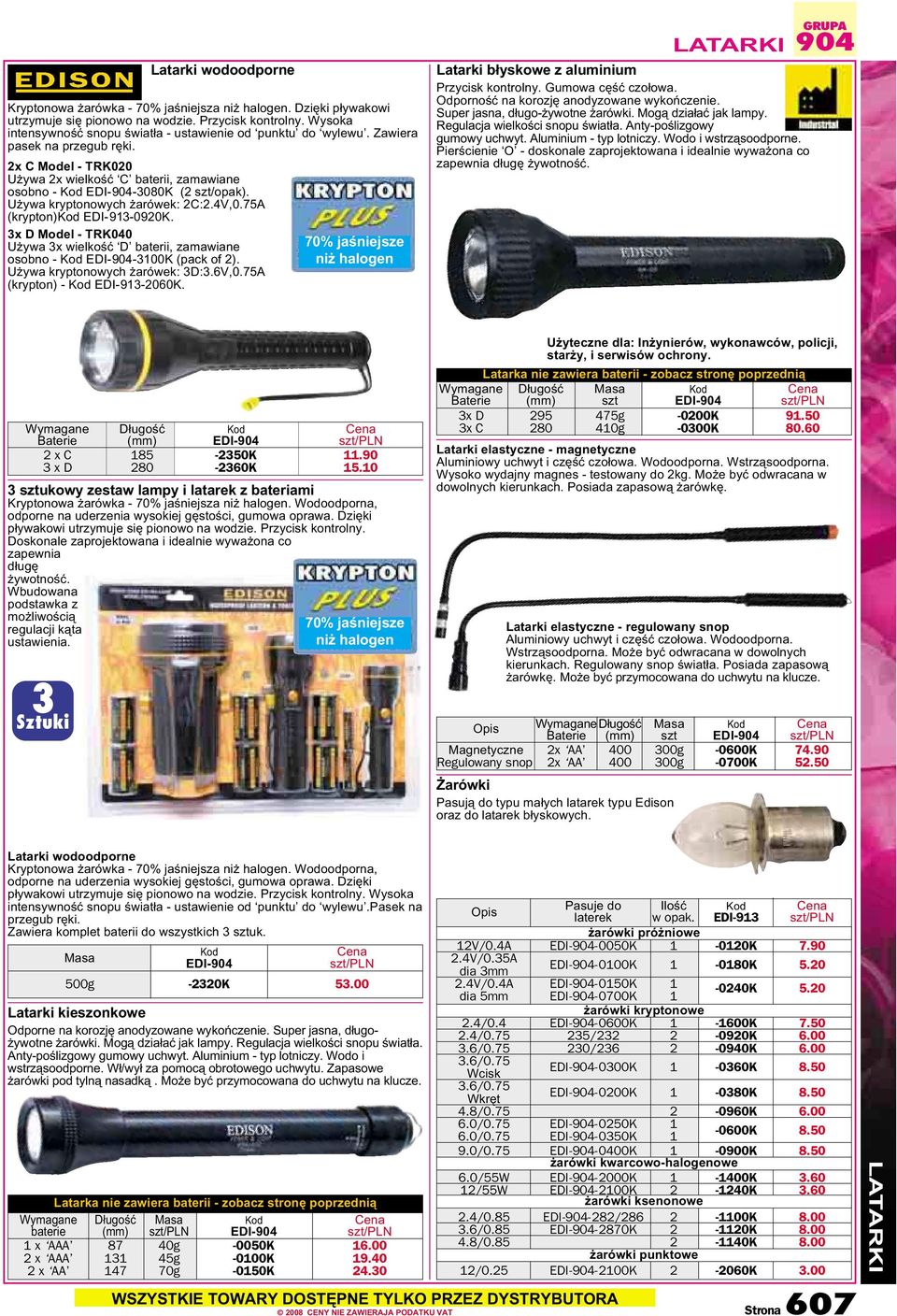 Używa kryptonowych żarówek: 2C:2.4V,0.75A (krypton) EDI-913-0920K. 3x D Model - TRK040 Używa 3x wielkość D baterii, zamawiane osobno - EDI-904-3100K (pack of 2). Używa kryptonowych żarówek: 3D:3.6V,0.