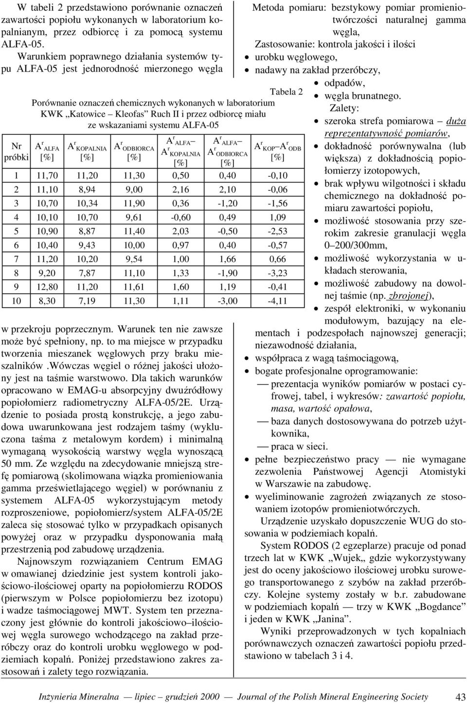 przez odbiorcę miału ze wskazaniami systemu ALFA-05 A r ALFA A r KOPALNIA A r ODBIORCA A r ALFA A r KOPALNIA w przekroju poprzecznym. Warunek ten nie zawsze może być spełniony, np.