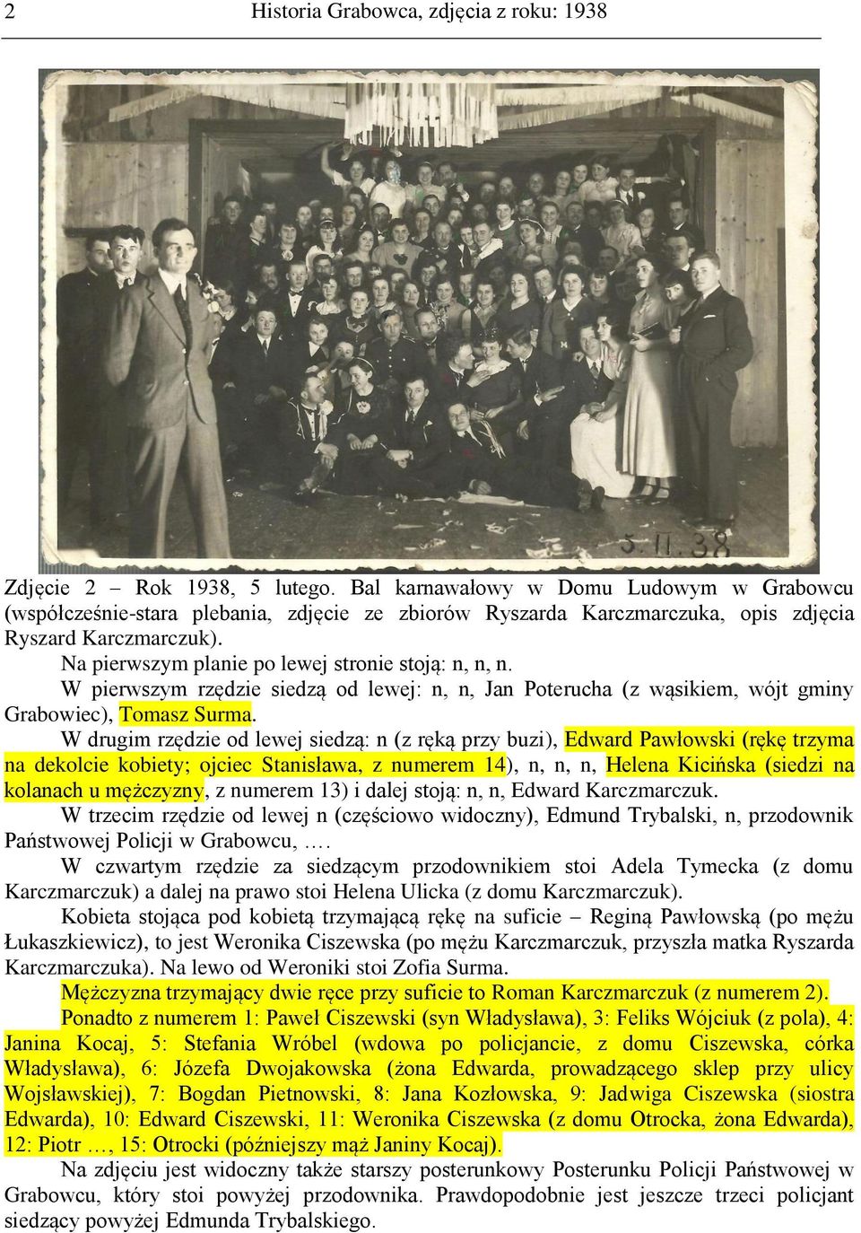 Na pierwszym planie po lewej stronie stoją: n, n, n. W pierwszym rzędzie siedzą od lewej: n, n, Jan Poterucha (z wąsikiem, wójt gminy Grabowiec), Tomasz Surma.