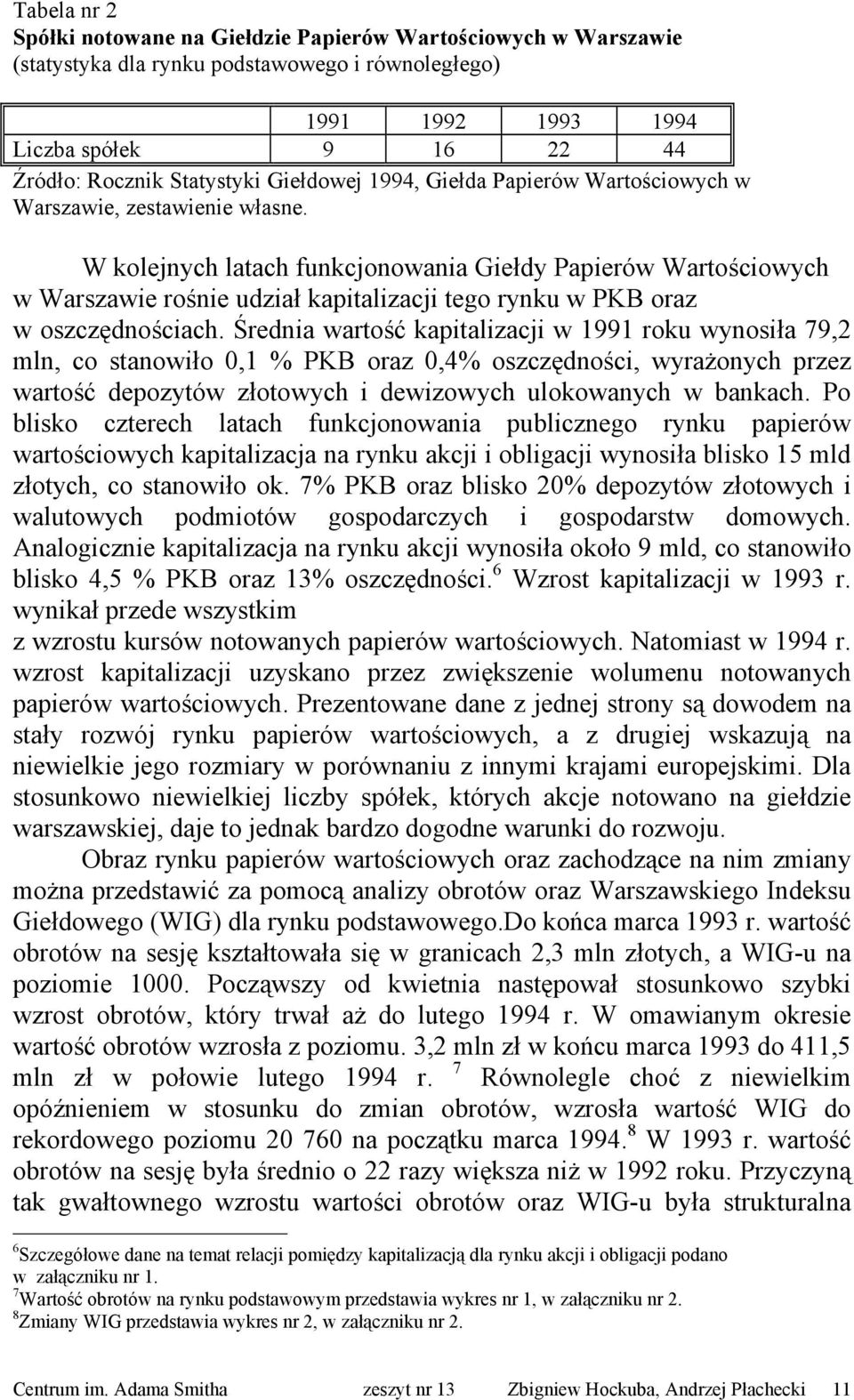 W kolejnych latach funkcjonowania Giełdy Papierów Wartościowych w Warszawie rośnie udział kapitalizacji tego rynku w PKB oraz w oszczędnościach.