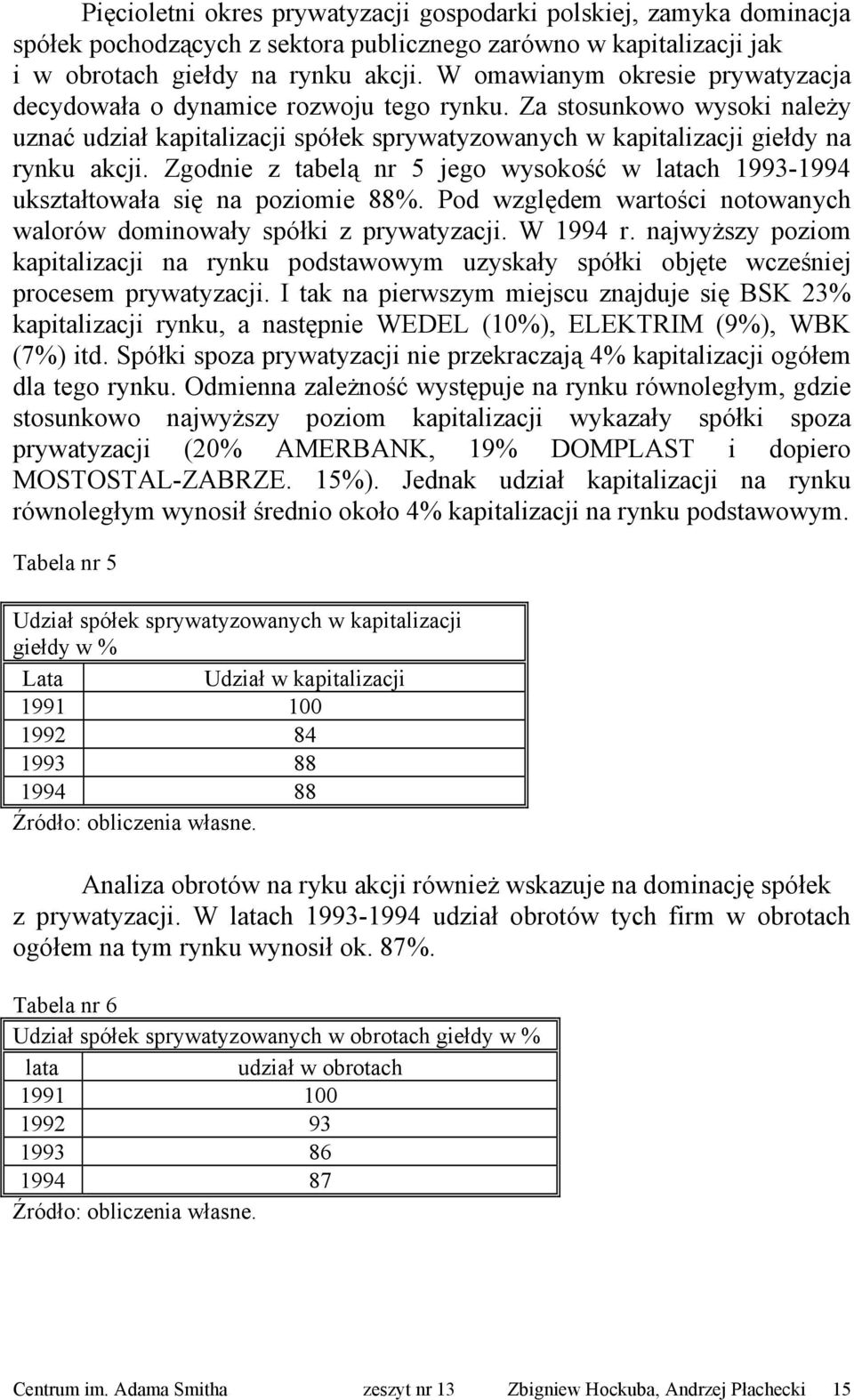 Zgodnie z tabelą nr 5 jego wysokość w latach 1993-1994 ukształtowała się na poziomie 88%. Pod względem wartości notowanych walorów dominowały spółki z prywatyzacji. W 1994 r.