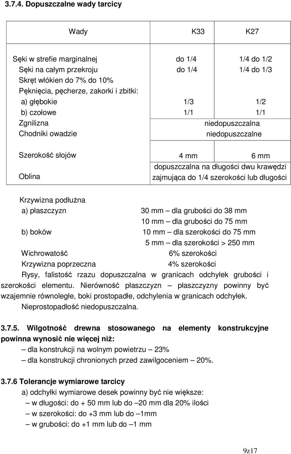 owadzie do 1/4 do 1/4 1/3 1/1 1/4 do 1/2 1/4 do 1/3 1/2 1/1 niedopuszczalna niedopuszczalne Szerokość słojów Oblina 4 mm 6 mm dopuszczalna na długości dwu krawędzi zajmująca do 1/4 szerokości lub